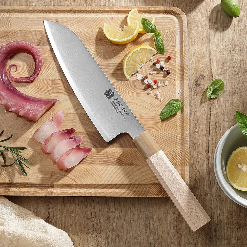 Santoku XINZUO à cœur Aogami n°2, manche érable