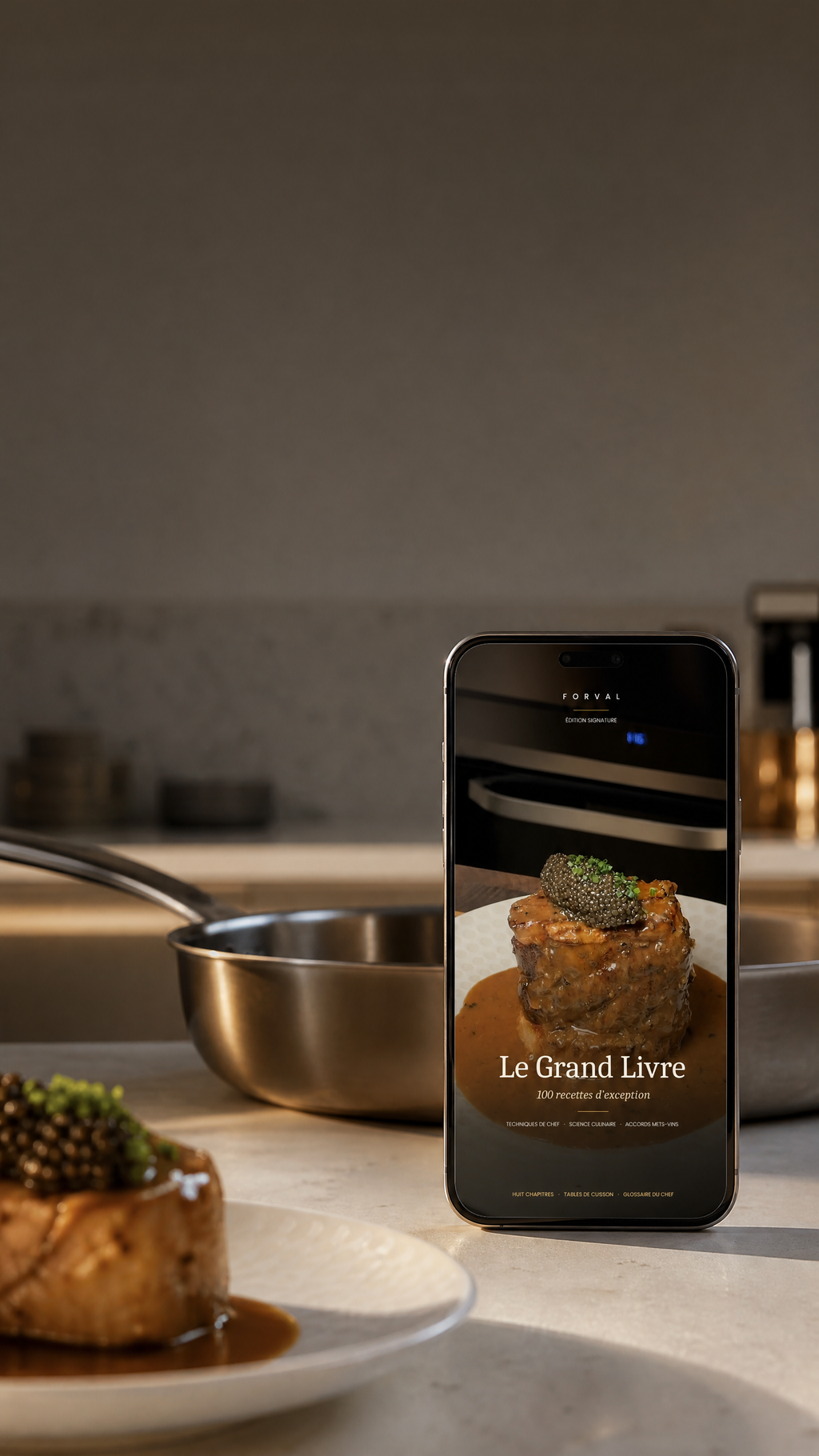 Phone showing the cover of the Forval Grand Book in a kitchen, in front of a saucepan and a plate.