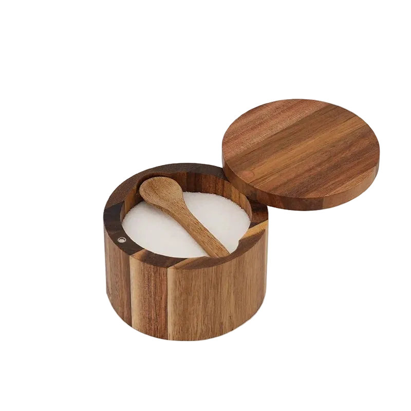 Boîte à sel en acacia, couvercle pivotant aimanté