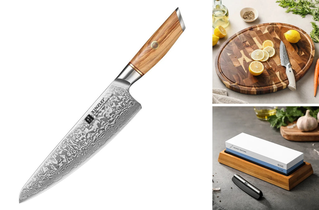 Coffret du chef : couteau de chef Damas manche olivier, grande planche ovale en bois de bout et pierre 1000/6000