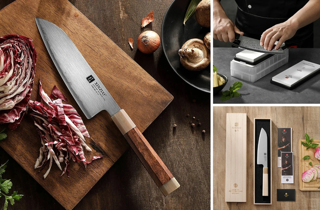 Coffret d'exception : santoku ZDP-189 manche bois de fer, pierres à eau sur verre et coffret en paulownia