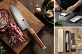 Coffret d'exception : santoku ZDP-189 manche bois de fer, pierres à eau sur verre et coffret en paulownia