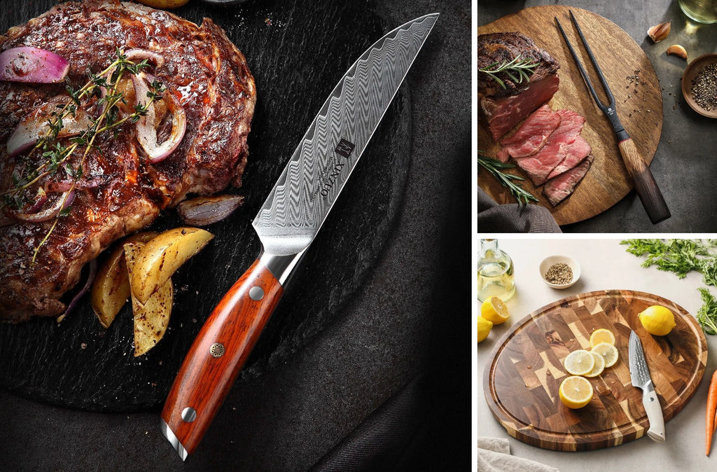 Coffret steak : couteau à steak Damas, fourchette à découper forgée et grande planche ovale en bois de bout