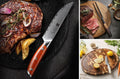 Coffret steak : couteau à steak Damas, fourchette à découper forgée et grande planche ovale en bois de bout