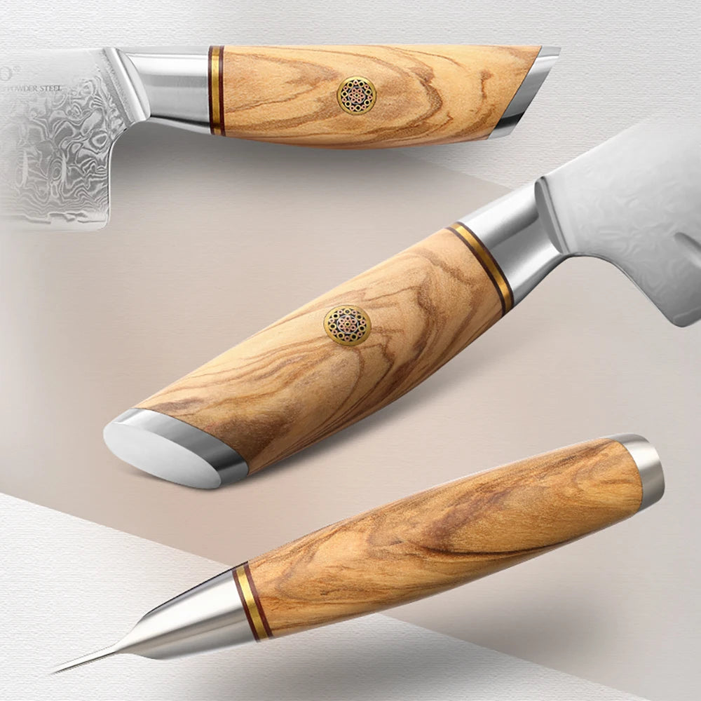 Couteau de chef XINZUO en acier damassé, manche olivier, avec son fourreau en bois