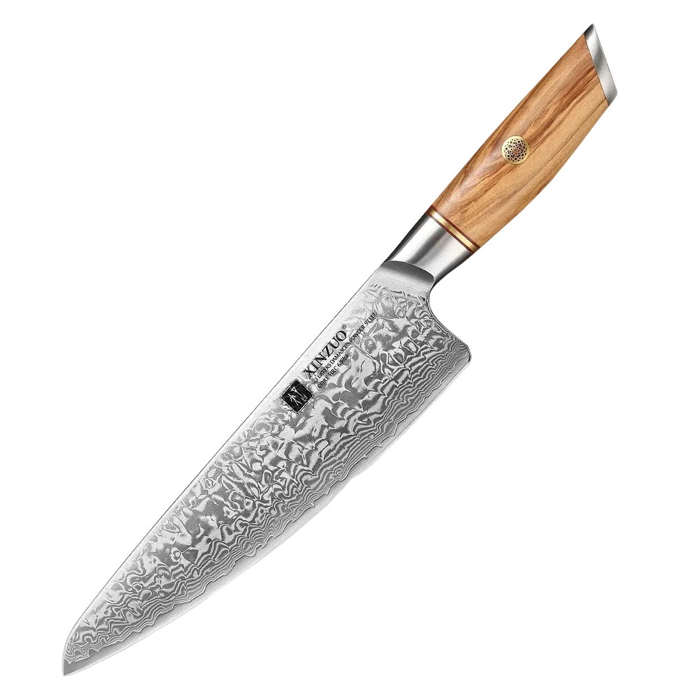 Couteau de chef Damas 21 cm, acier poudre, manche olivier