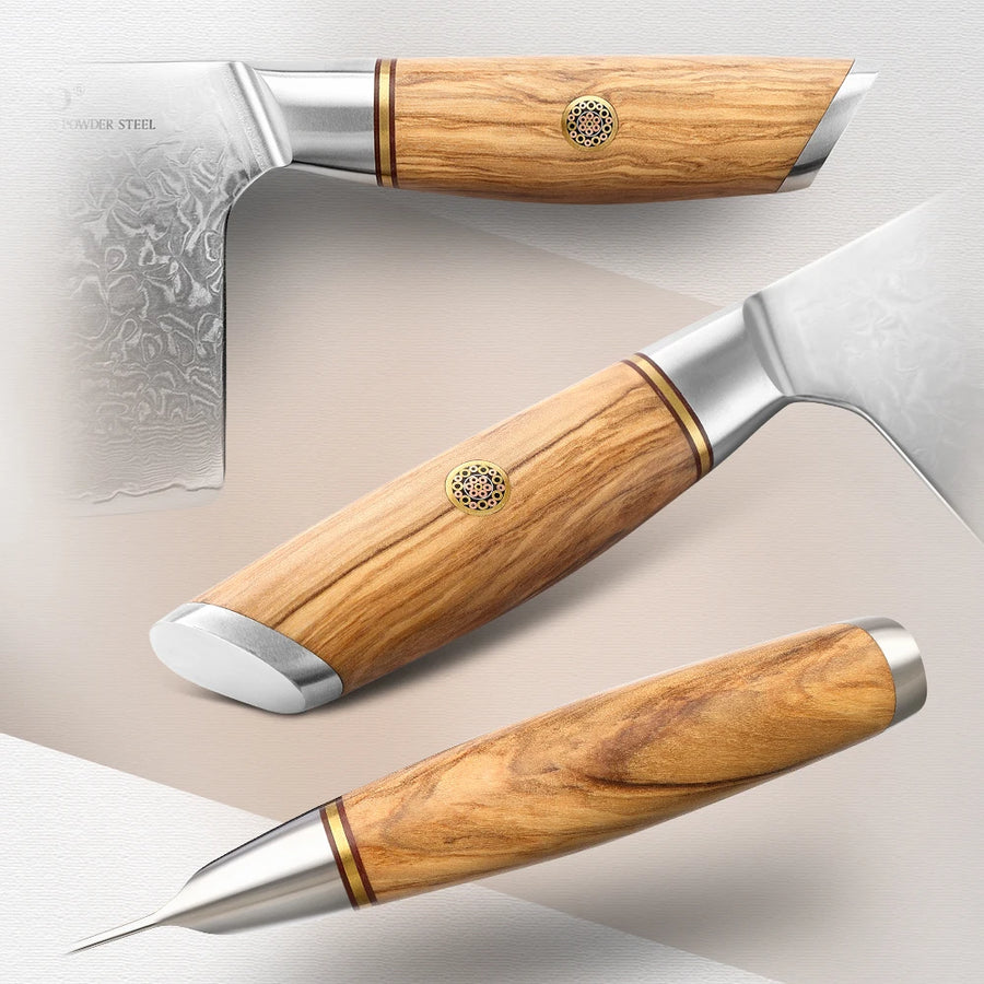Couteau chinois XINZUO damassé, manche en olivier