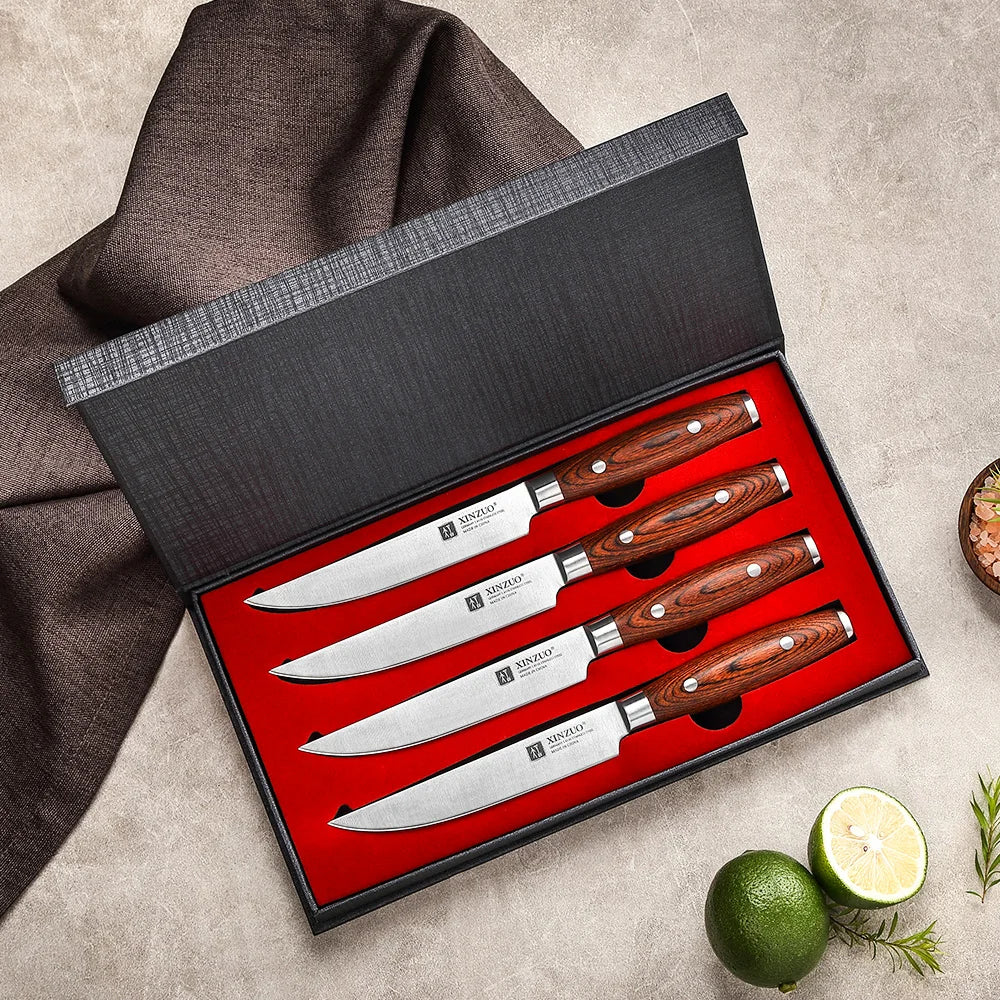 Couteaux à steak XINZUO à lame lisse et manche en bois pakka, dans leur coffret — Lot de 4