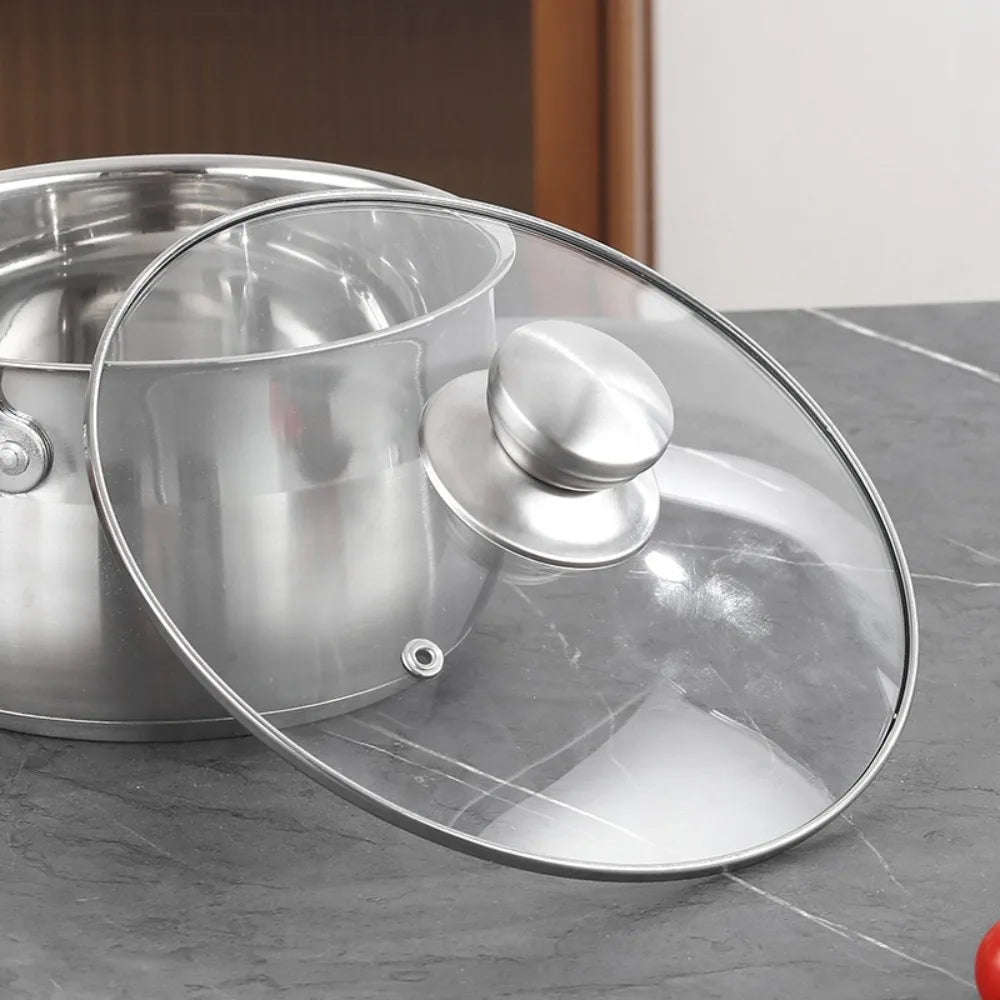 Couvercles en verre trempé cerclés d'inox, avec bouton en inox