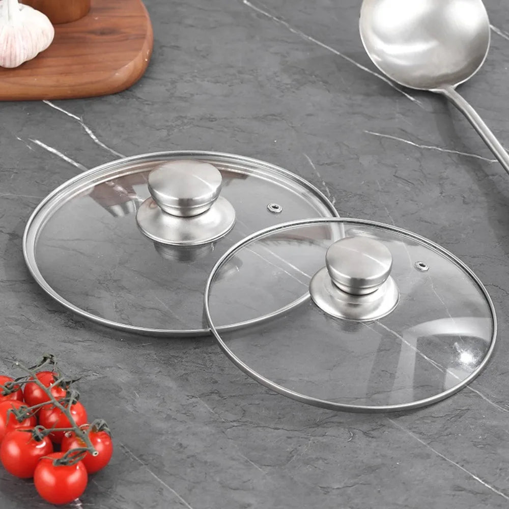 Couvercles en verre trempé cerclés d'inox, avec bouton en inox