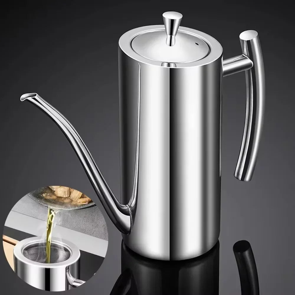 Huilier en inox 304 et le filet d'huile versé par son bec fin