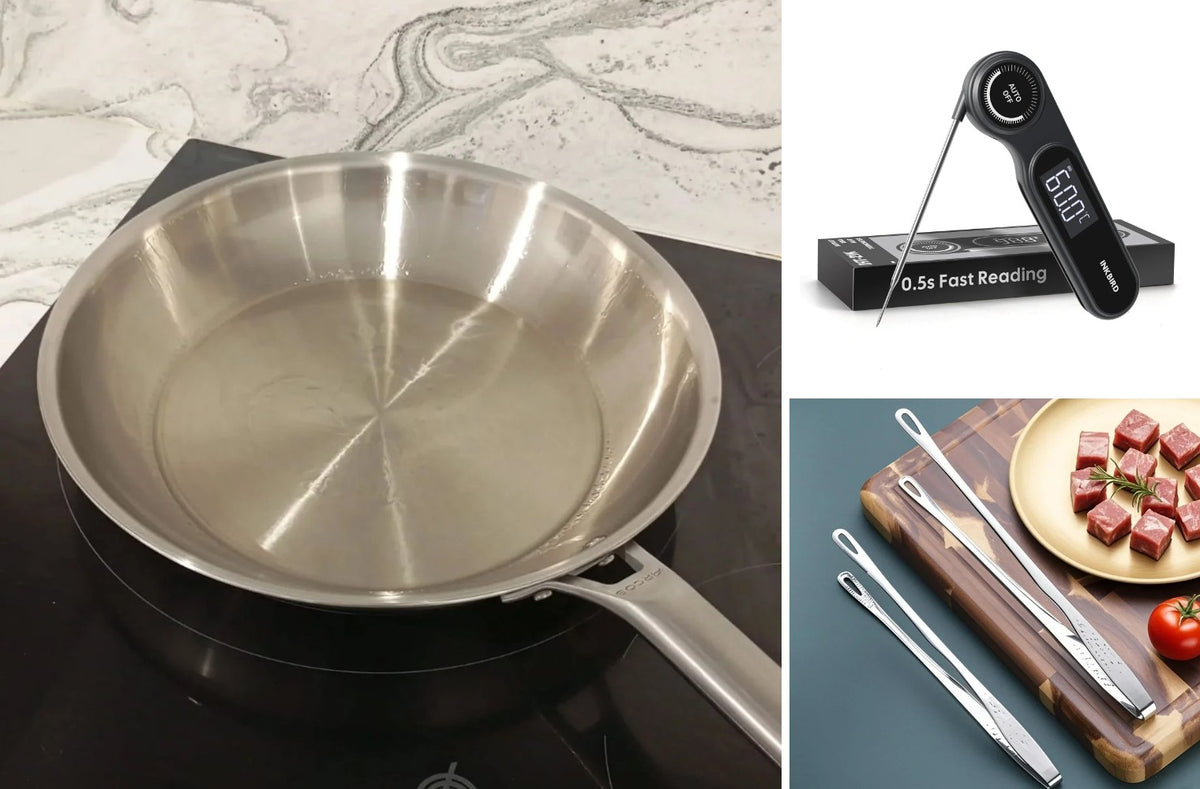 Kit steak parfait : poêle inox 28 cm, thermomètre instantané INKBIRD et pince de chef