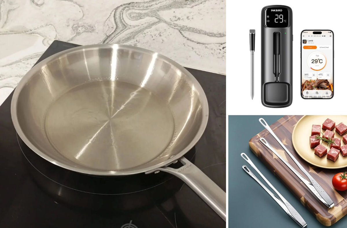 Kit steak parfait : poêle inox 28 cm, thermomètre sans fil INKBIRD et pince de chef