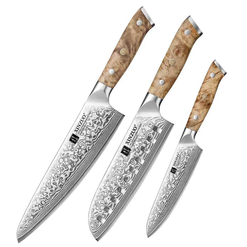 Set de 3 couteaux Damas XINZUO : couteau de chef, santoku et couteau d'office