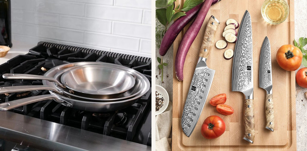 Pack Cuisine Complète : les trois poêles Forval en inox 304 et le set de trois couteaux Damas XINZUO