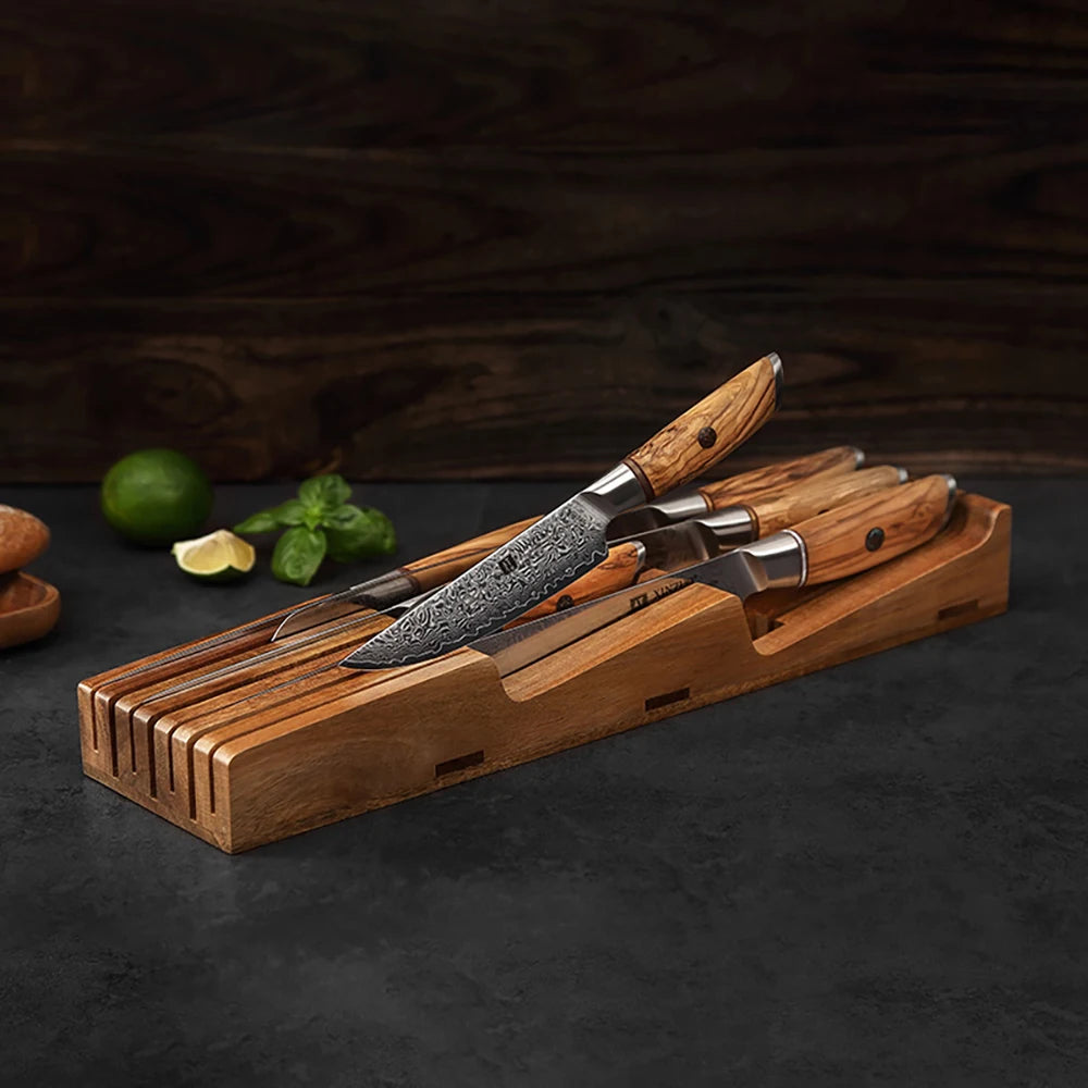 Range-couteaux XINZUO en acacia dans un tiroir de cuisine