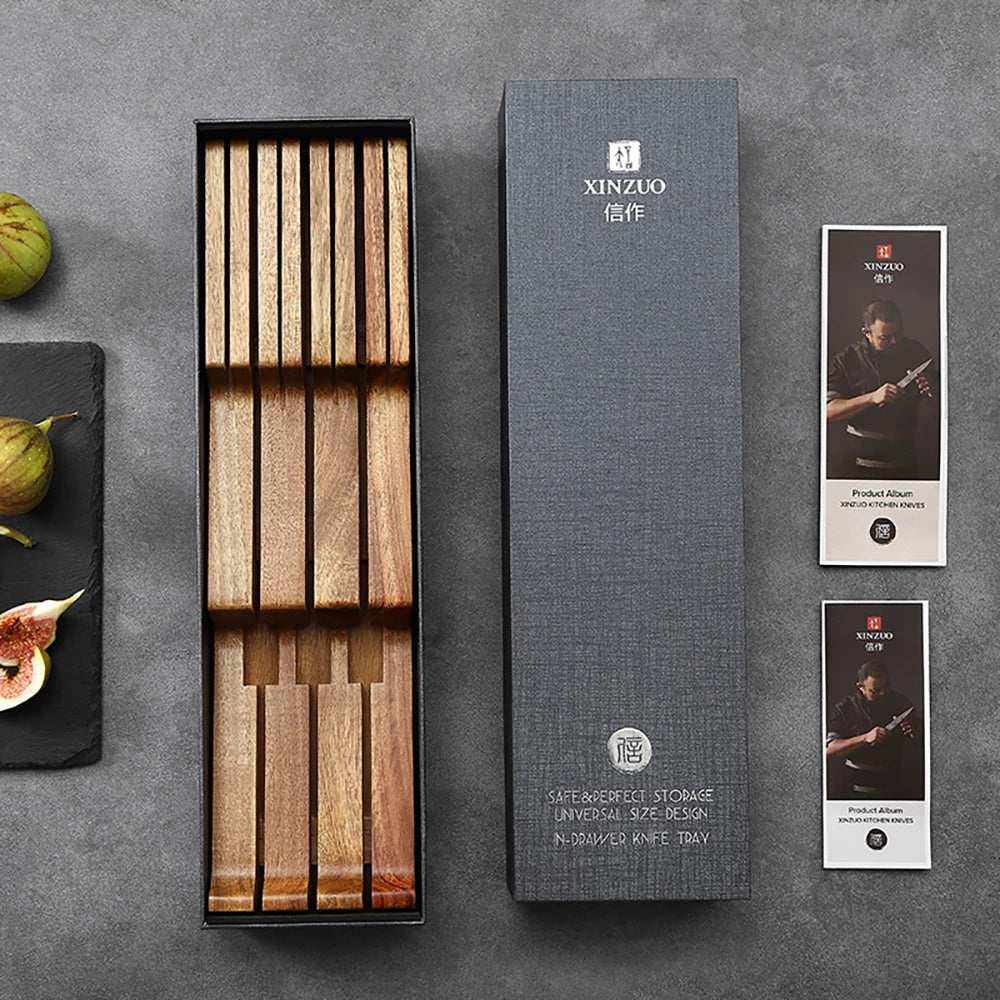 Range-couteaux XINZUO en acacia dans un tiroir de cuisine