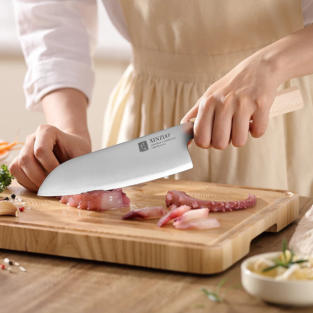 Santoku XINZUO à cœur Aogami n°2, manche érable