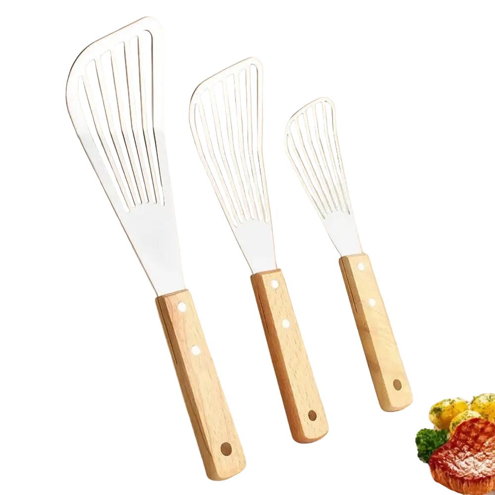 Spatule ajourée en inox, manche en bois