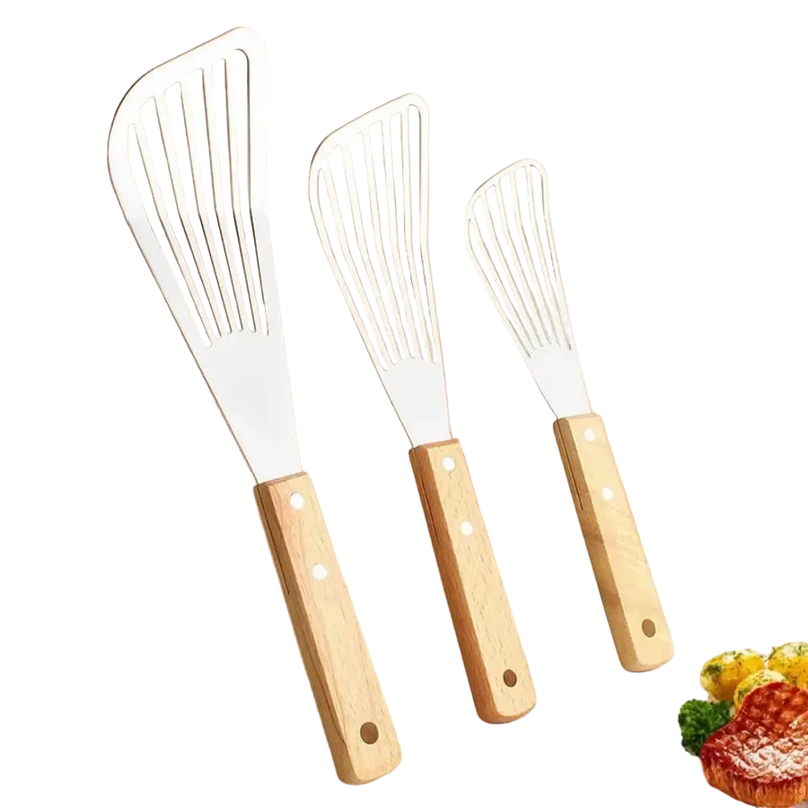 Spatule ajourée en inox, manche en bois