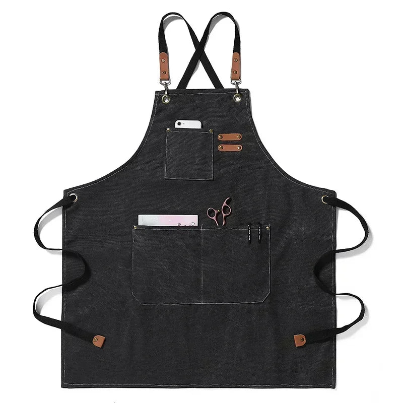 Tablier de cuisine en toile de coton, bretelles croisées et poches — Noir