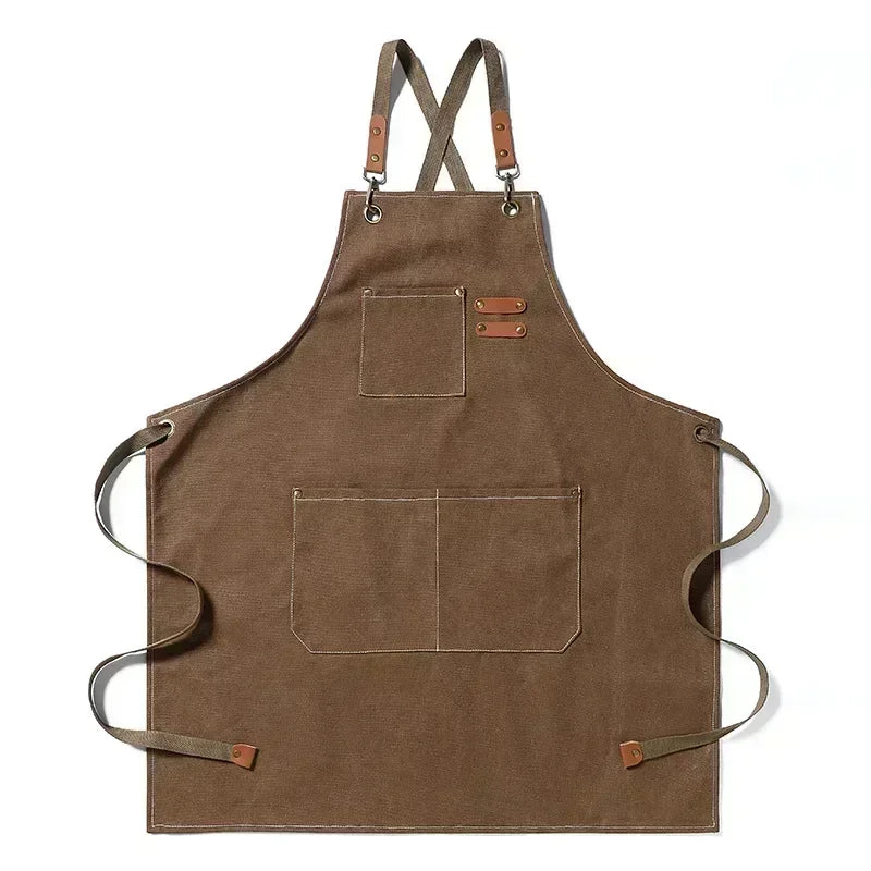 Tablier de cuisine en toile de coton, bretelles croisées et poches — Brun