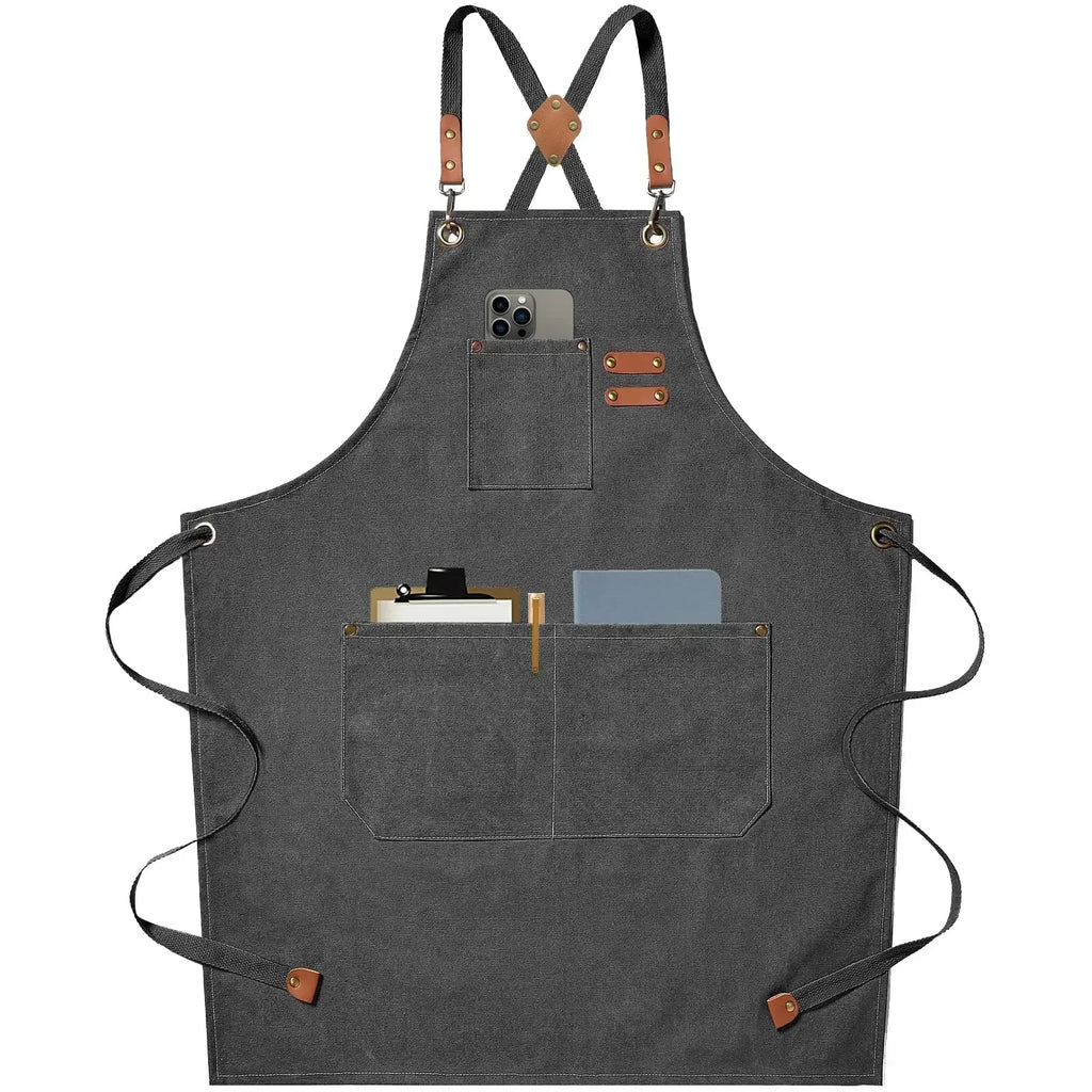 Tablier de cuisine en toile de coton, bretelles croisées et poches