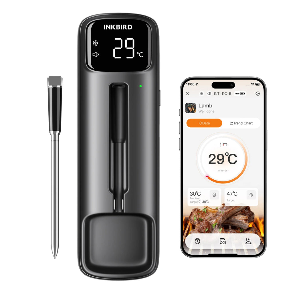 Thermomètre à viande sans fil INKBIRD : sonde, base de charge avec écran et application sur téléphone