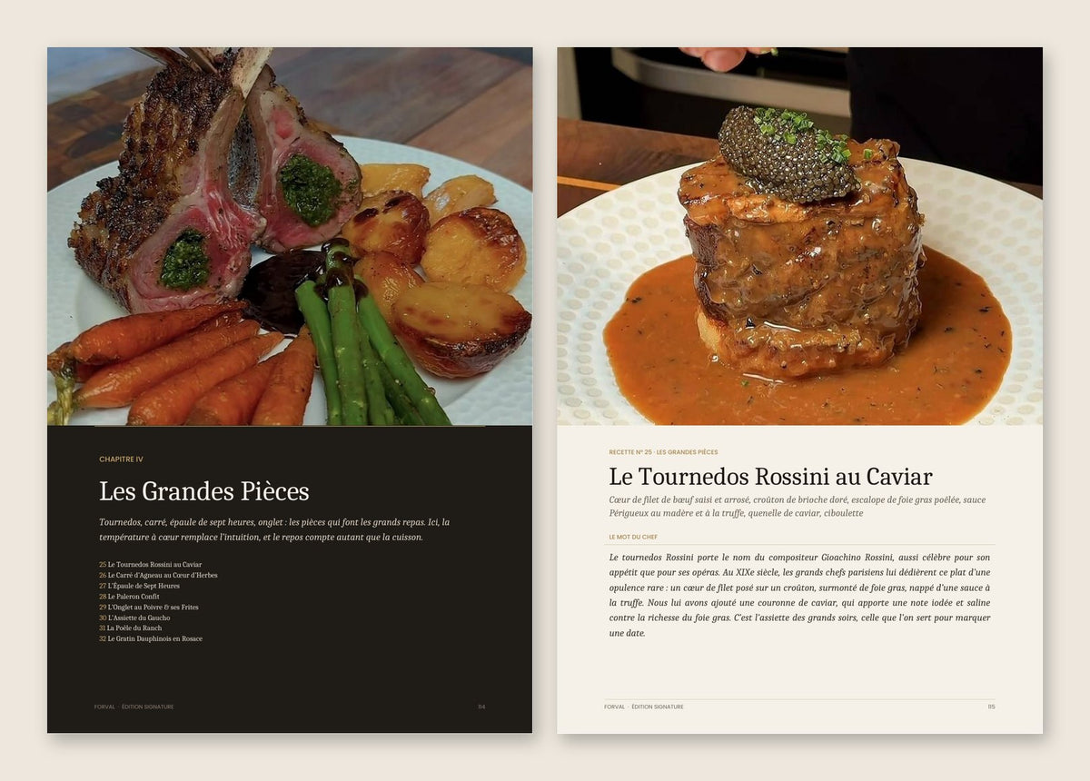Aperçu du livre : ouverture du chapitre Les Grandes Pièces et recette du tournedos Rossini au caviar