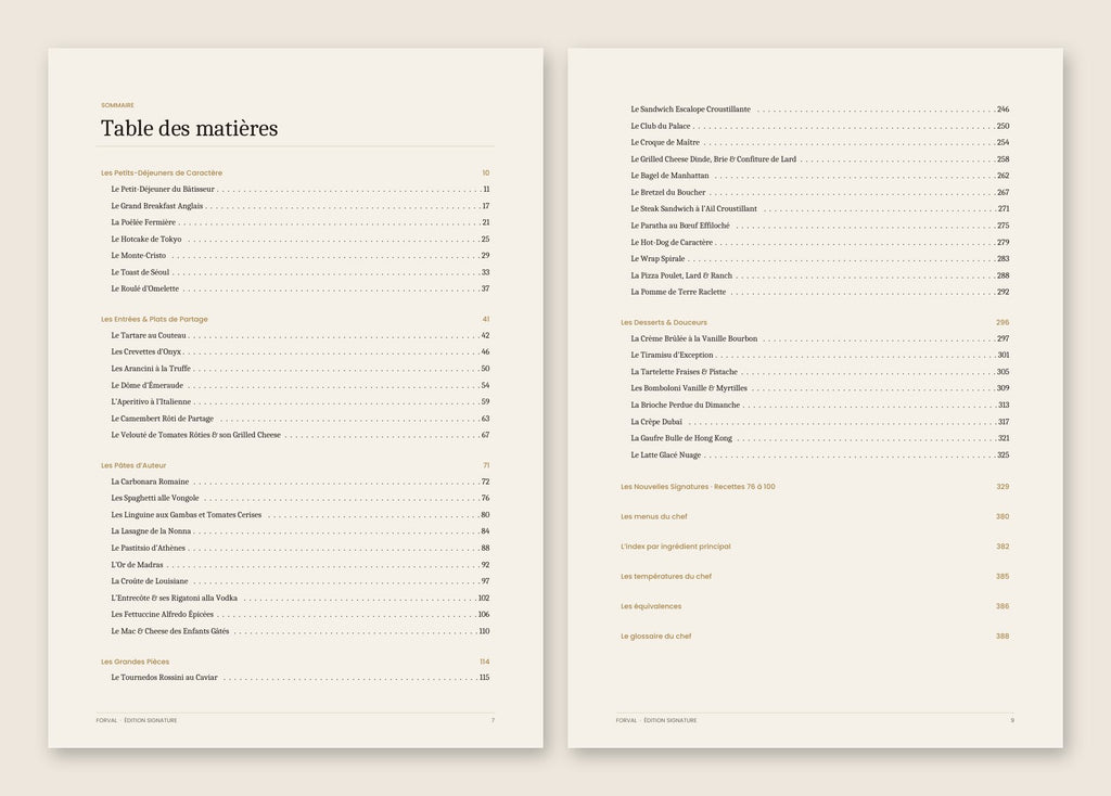 Contents of the Grand Book: 8 chapters, signature section, menus, index, temperatures, conversions and glossary