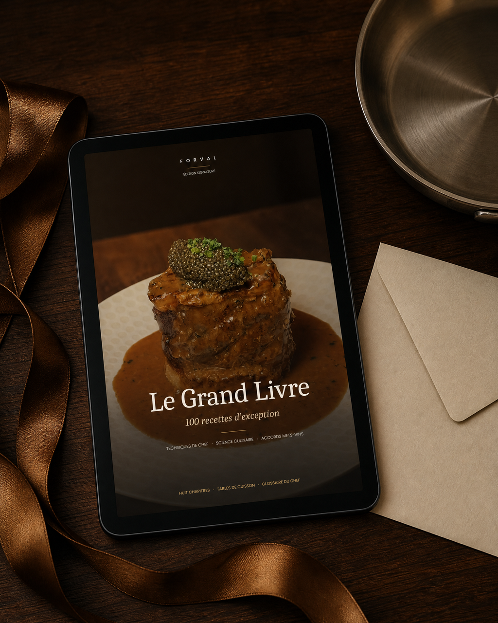 Tablet showing the cover of the Forval Grand Book on a dark table with a ribbon, an envelope and a stainless steel pan.